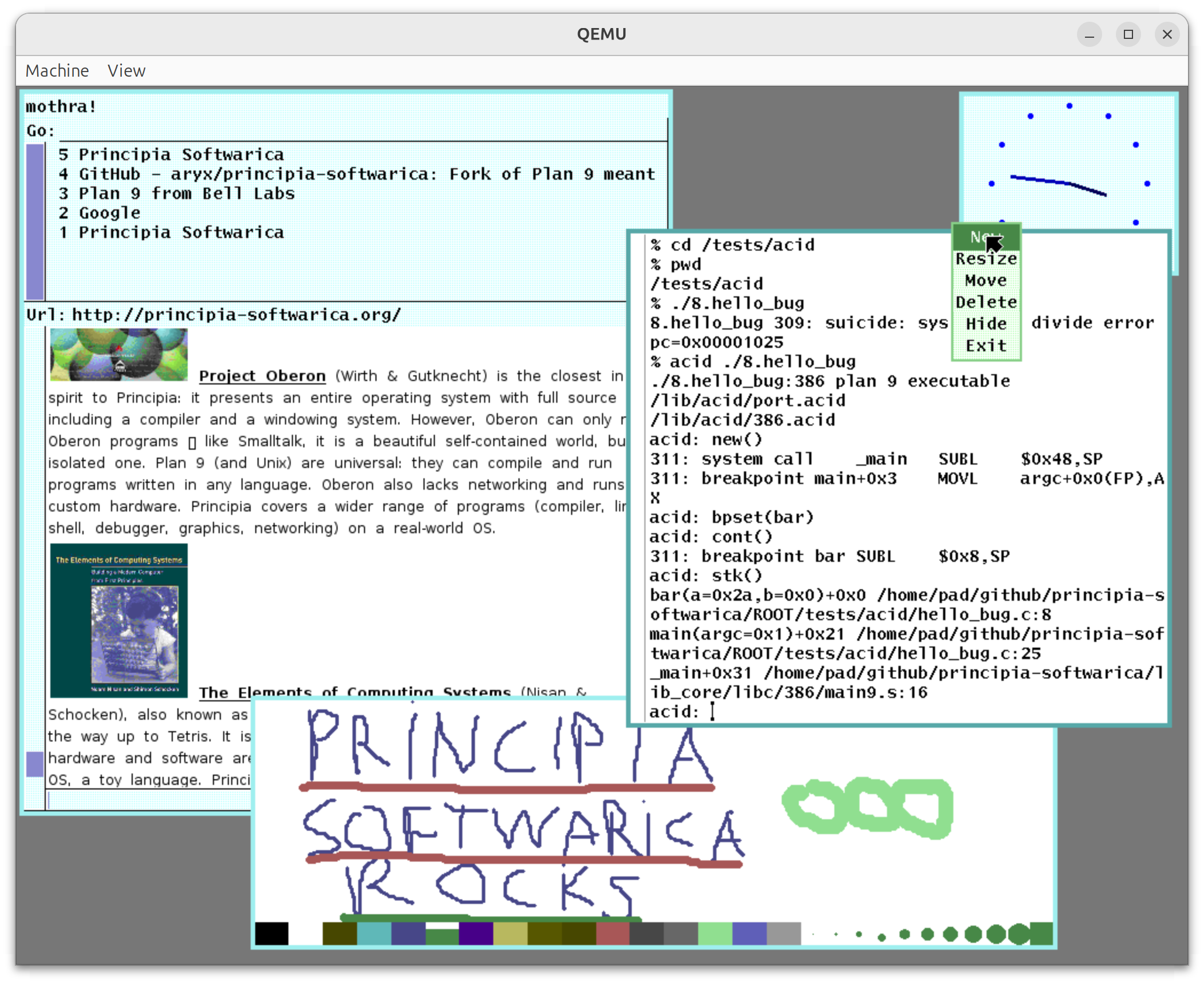 Plan 9 running under QEMU: rio windowing system with shell, compiler, networking, and graphics