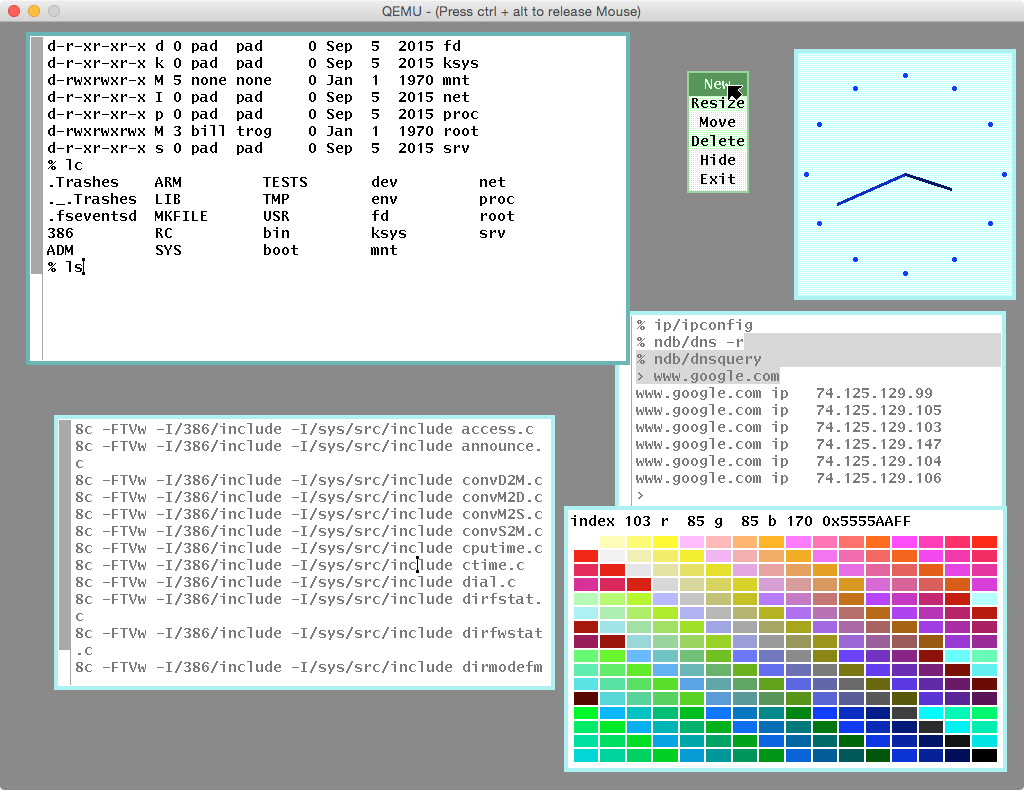 Plan 9 running under QEMU: rio windowing system with shell, compiler, networking, and graphics
